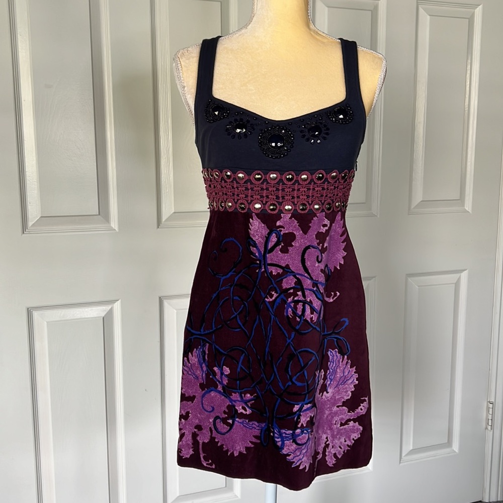 FREE PEOPLE PURPLE AND BLUE VELVET DRESS BEADED WITH CROCHET LACE WAIST SIZE 4